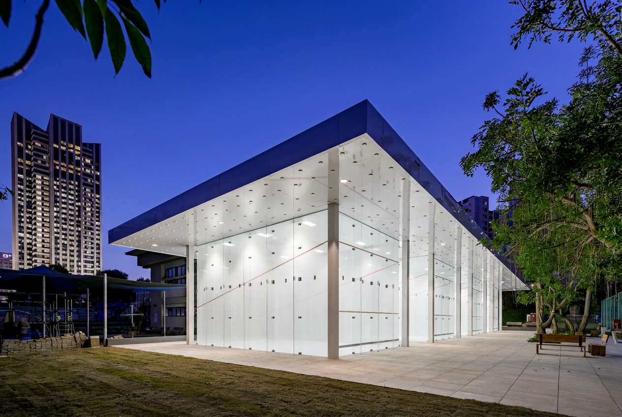 Tpoint architectural pavilion at blue hour in Tel Aviv
