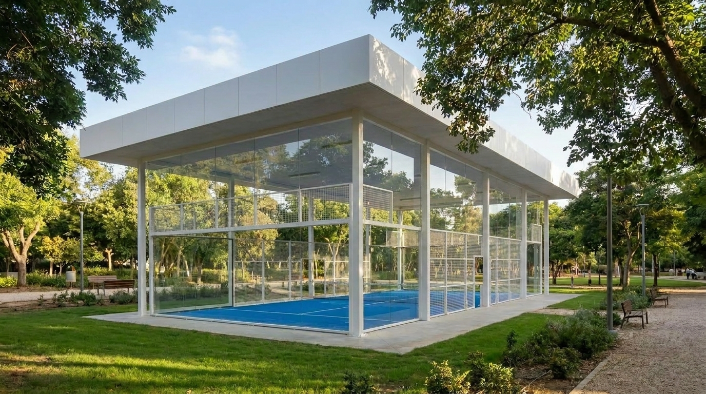 Tpoint architectural padel pavilion with glass walls at dusk